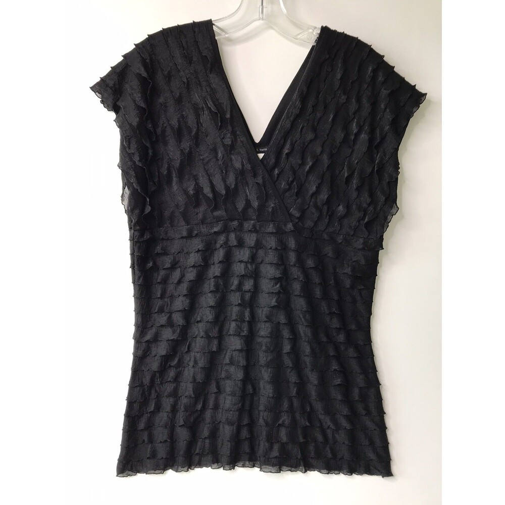 VNTG Jennie & Marlis Womens Size L Black Blouse w Layered Ruffles V-Neck NWT